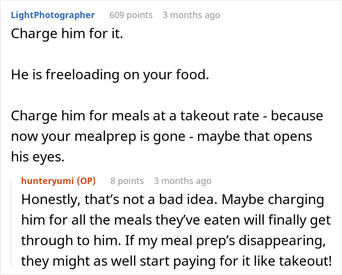 Reddit comments discussing a woman eating her boyfriend's roommate's food and the suggestion to charge her for meals.