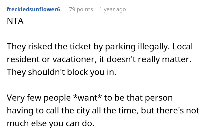 Reddit comment discussing issues with a car blocking a driveway.