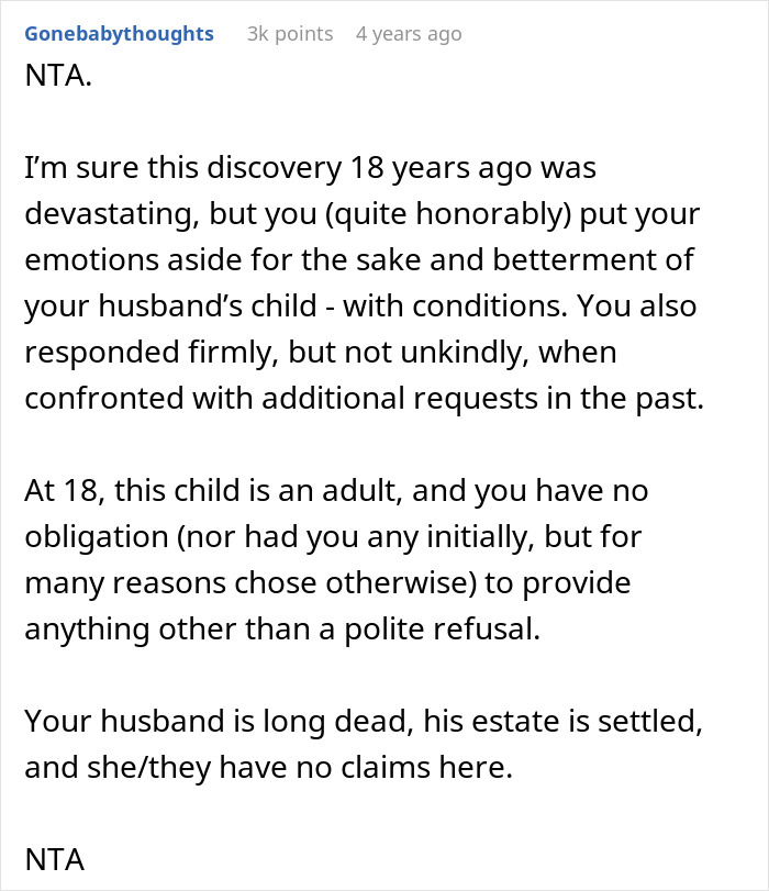 Text discussing a woman's response to not replenishing her husband's affair child's fund after they turn 18.