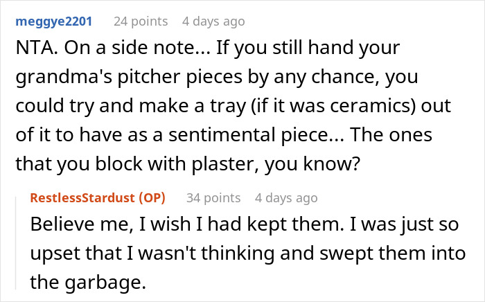 Reddit user replies about a sentimental ceramic tray idea; mentions grandma's pitcher pieces and emotional mistake.