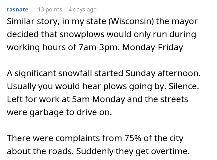 Text describing a snowplow schedule causing chaos; workers demand overtime pay.