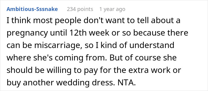 Comment discussing a wedding dress order and related family tensions.