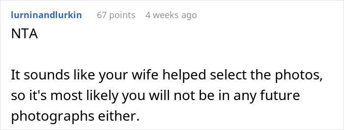 Reddit comment discussing in-laws' anniversary collage, noting wife selected the photos, impacting husband's presence.