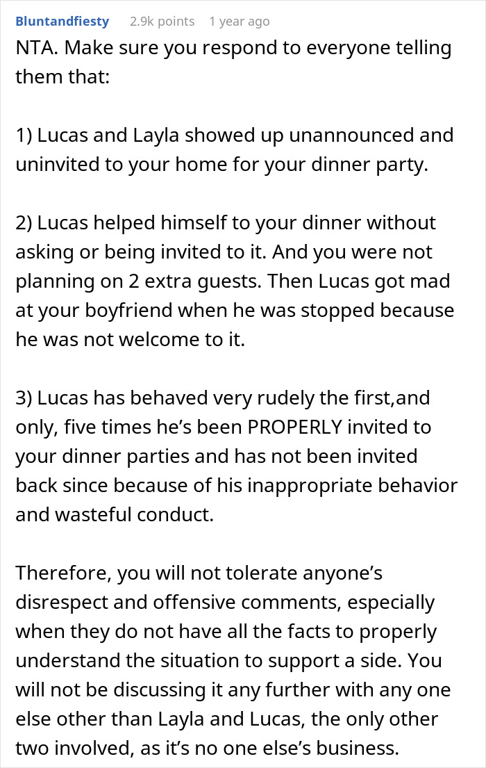 Text describing reasons a couple stopped inviting a guest due to his wasteful behavior at dinner parties.