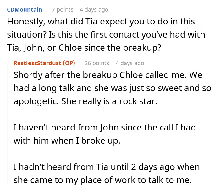 A Reddit conversation about a breakup and contact with people involved.