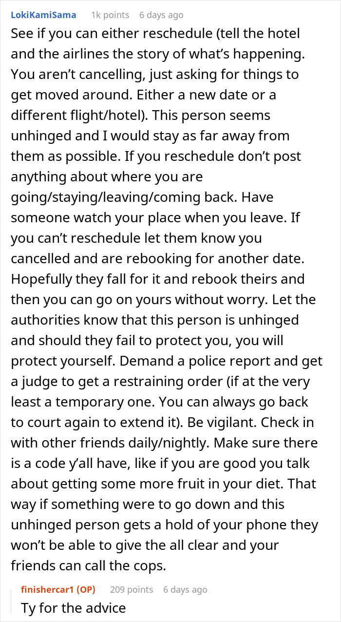 Screenshot of advice on how to handle an unwelcomed presence on a solo trip, mentioning rescheduling and safety measures.