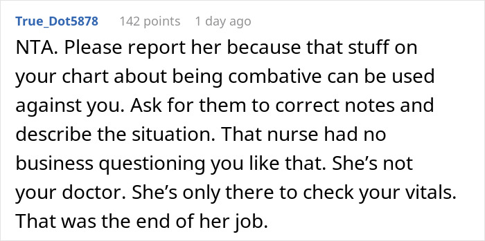 Text comment criticizing a nurse's conduct during a hysterectomy appointment.