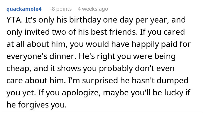 Text screenshot showing discussion about not paying for everyone's dinner at a boyfriend's birthday.