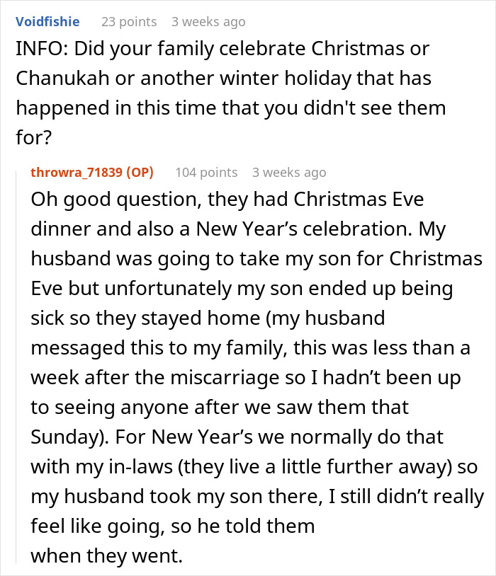 Reddit discussion about family holiday celebrations and a miscarriage situation.