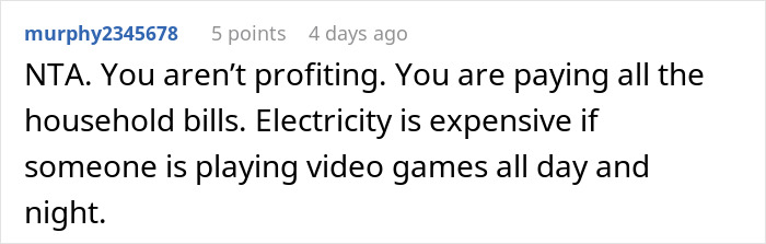 Reddit comment defending woman charging brother rent, highlighting household bills and electricity cost.