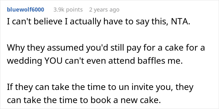 Comment discussing a wedding cake cancellation issue with ex-BFF after being uninvited.