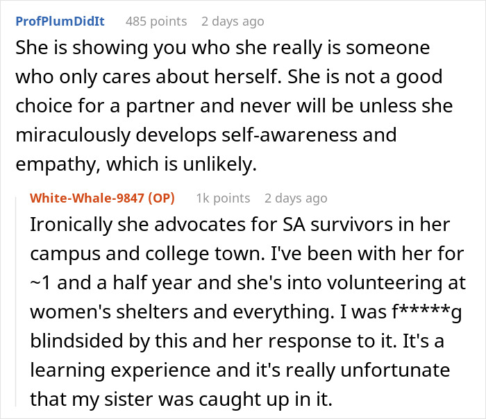 Reddit comments discussing a girlfriend's lack of empathy and advocacy for SA survivors.