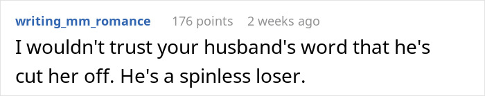 Comment discussing doubt about a husband's reliability, mentioning a mother-in-law and paternity test concerns.