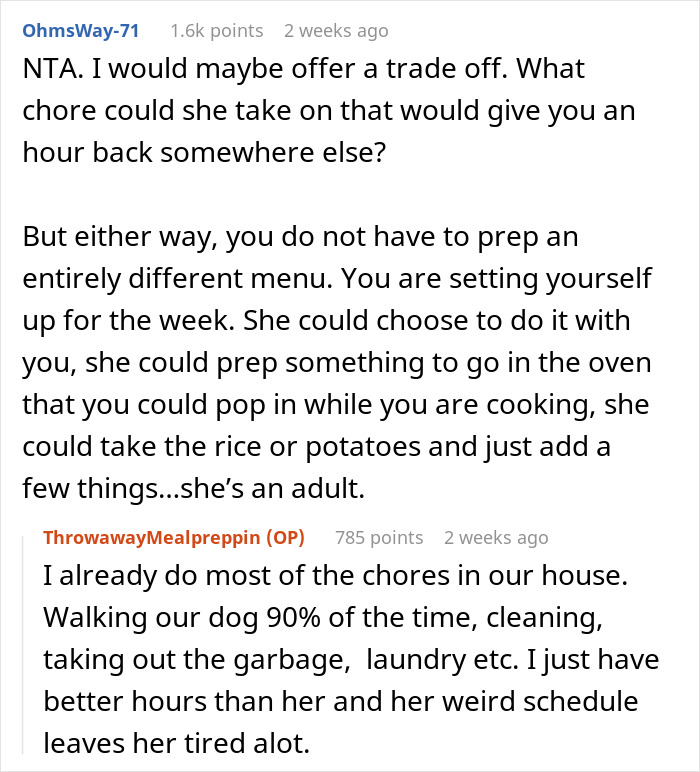 Reddit discussion about vegetarian wife upset over meat-free meal prep request.