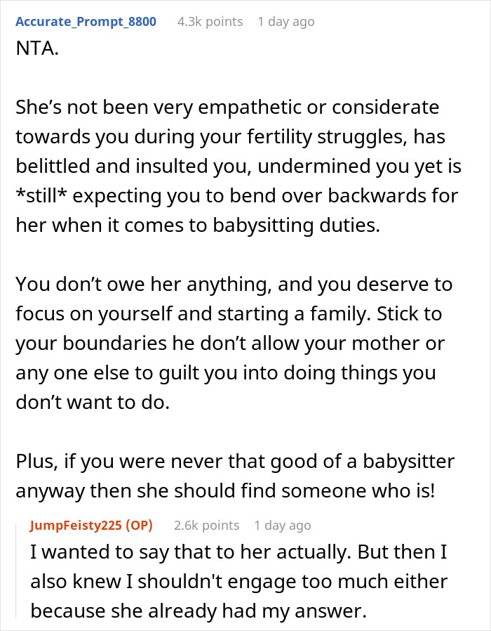 Reddit comment thread discussing refusal to babysit sister's kids after insulting remarks.