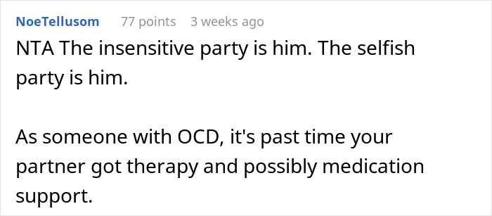 A comment discussing a partner's OCD and therapy.