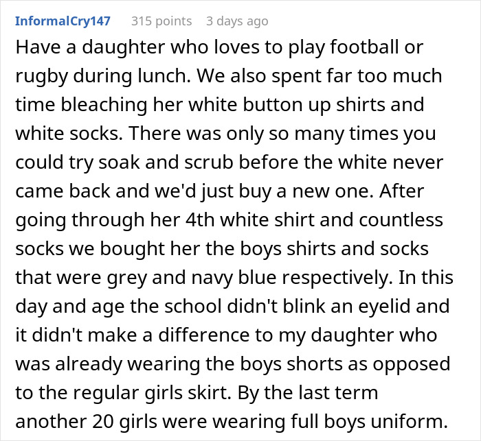 Text discussing a mom exploiting a school dress code loophole for her daughter by using boy's uniform options.