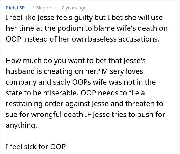 Reddit comment discussing infidelity accusations and tragedy involving PPD, mentioning restraining order advice.
