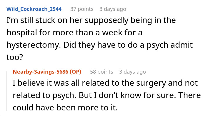 Reddit comments discussing a hospital stay and surgery, touching on emotional aspects of betrayal.