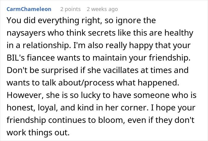 Text comment about relationship dynamics involving a brother-in-law's fiancée.