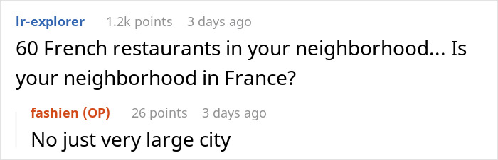 Reddit comments about French restaurants in a neighborhood, with users discussing city size.