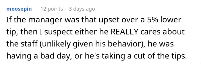 Reddit comment discussing manager's reaction to a 10% tip and potential reasons for banning a customer from the restaurant.