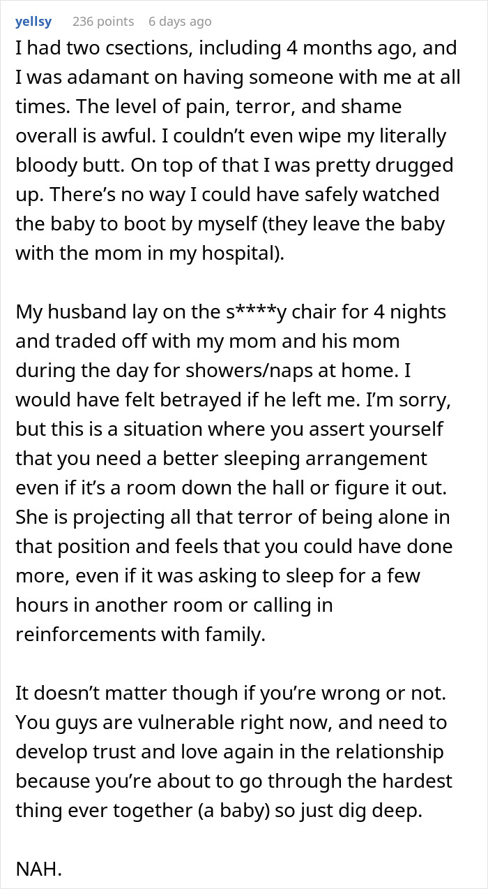 Reddit post discussing husband's absence after wife's C-section, exploring relationship dynamics and emotional challenges.