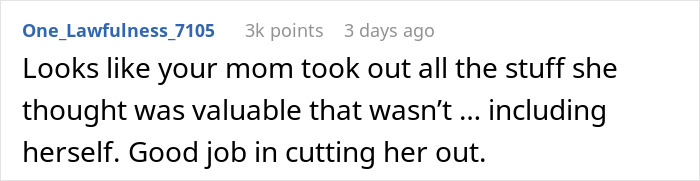 Comment discussing a mother hoarding heirlooms, mentioning her son finding the real treasure.