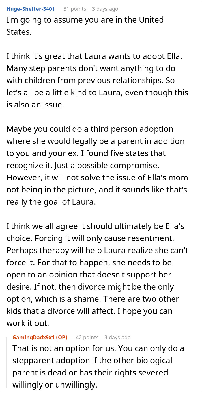 Reddit discussion about step-parent adoption challenges and daughter's well-being.