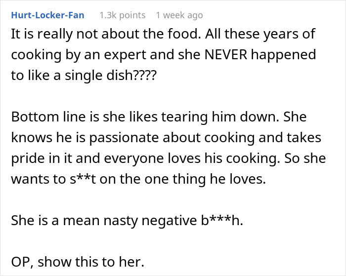 Text comment on husband-wife cooking drama, criticizing a wife's negativity towards her husband's cooking.