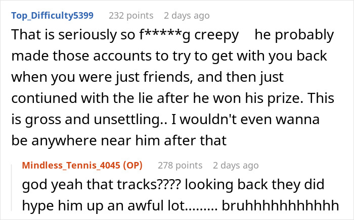 Reddit comments discussing a shocking discovery about a boyfriend\'s fake friend group.