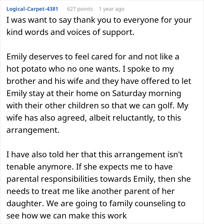 Text discussing family dynamics and responsibilities regarding stepkid and golf day arrangement.