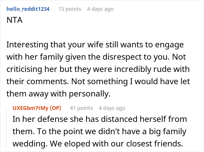 Reddit users discuss family issues of man called a deadbeat; wife distances from disrespectful in-laws.