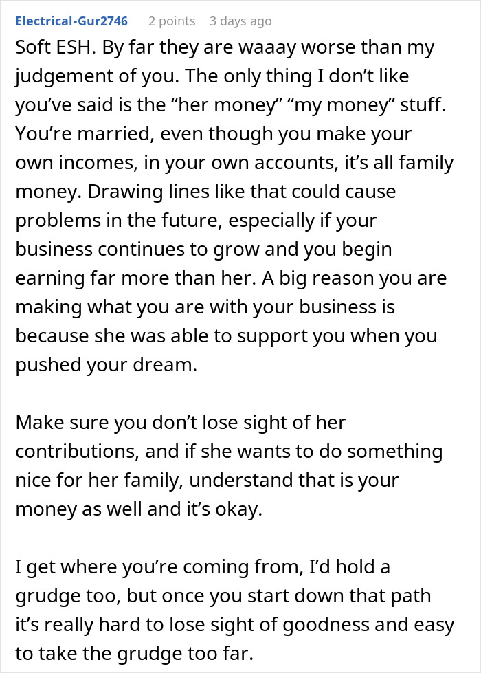 Comment discussing in-laws, finances, and a business boom, advising balance between personal and shared contributions.