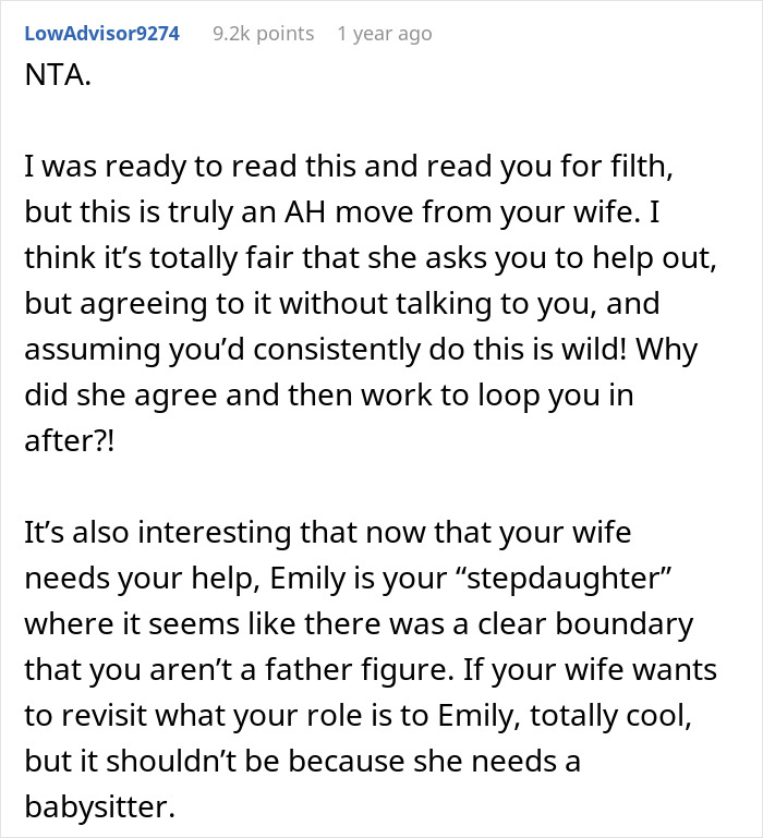 Reddit comment discussing a husband's refusal to watch stepkid for his wife's plans on his golf day, analyzing family roles.