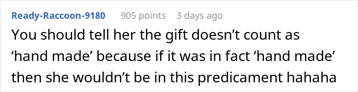 Reddit comment humorously discussing a pregnancy announcement not counting as a handmade Christmas gift.