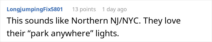 Comment about Northern NJ/NYC, mentioning "park anywhere" lights, related to black driveway van revenge.