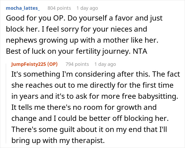 Comments discussing babysitting, fertility, and family issues on a Reddit post.