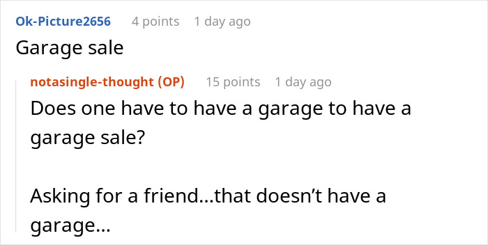 Reddit comments discussing the concept of a garage sale with humorous inquiry about needing a garage.