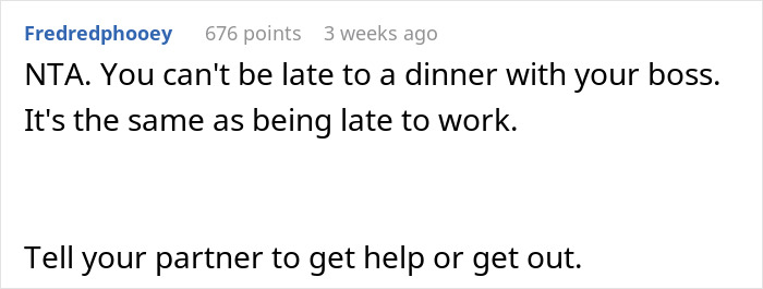 Reddit comment on OCD affecting punctuality at dinner parties, suggesting partner seek help.