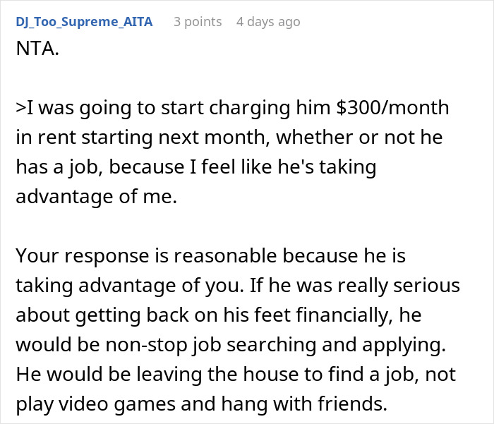 Text discussing a woman charging her brother $300 rent, feeling taken advantage of.