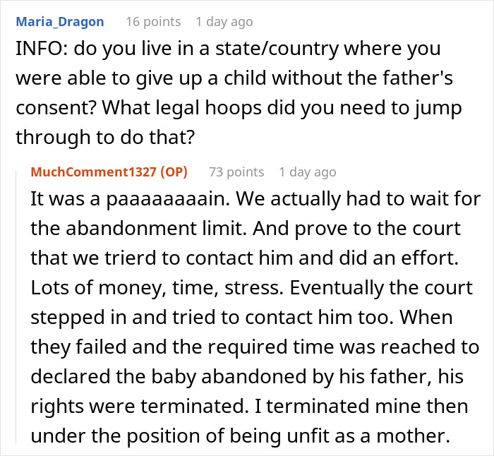 Reddit discussion about legal challenges in giving up a child for adoption without father's consent.