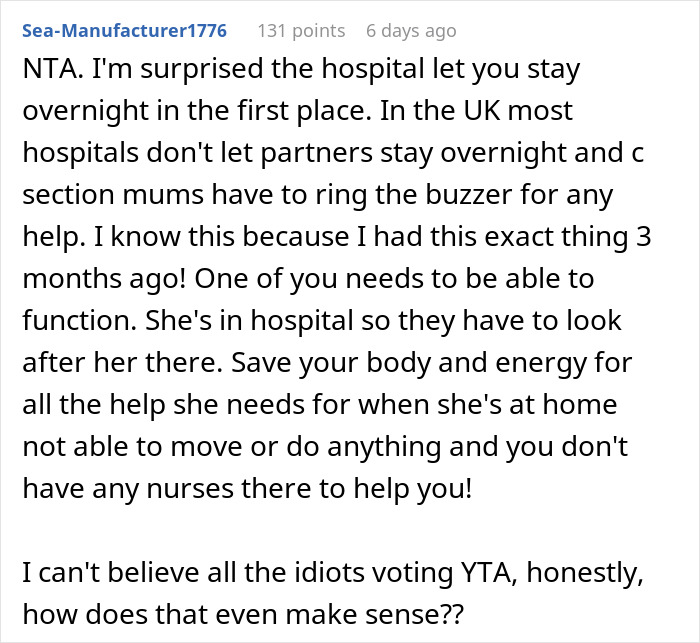 Reddit comment discussing hospital policy about partners staying after a C-section.