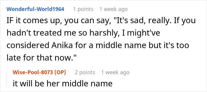 Screenshot of a conversation about considering "Anika" as a baby's middle name, related to the topic of baby name choices.