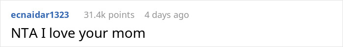 Reddit comment saying 'NTA I love your mom,' related to skinny vs plus-size discussion.