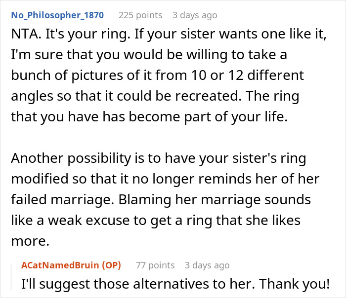 Reddit discussion about a sister refusing to give up an heirloom ring.