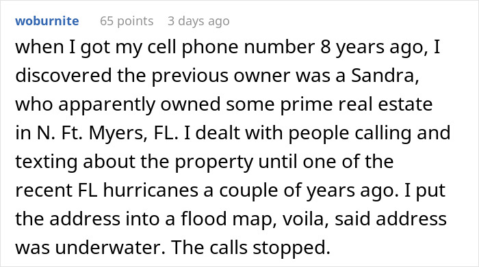 Text post about dealing with spam calls from realtors using a flood map to stop them.