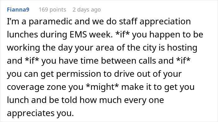 Text from a paramedic discussing challenges in attending appreciation lunches during EMS week.