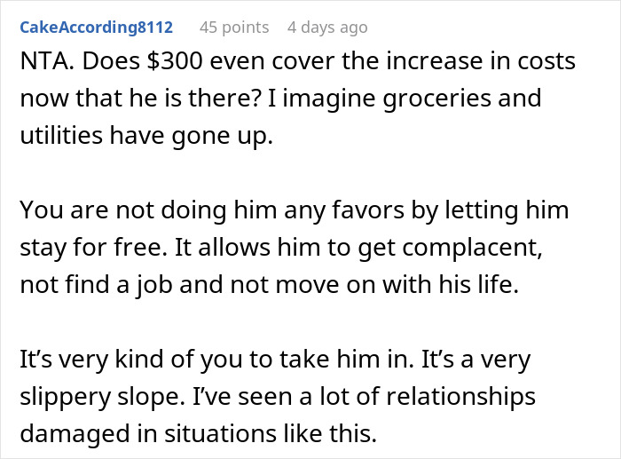 Reddit comment discussing a woman's decision to charge her brother rent, mentioning financial responsibility.