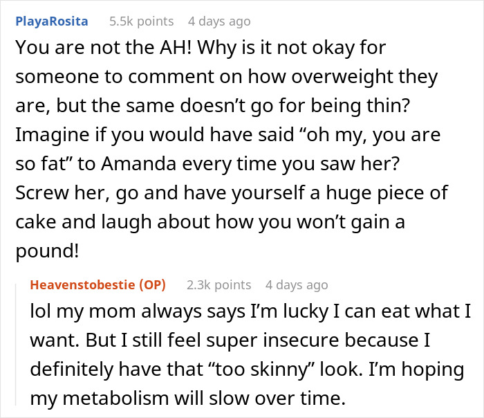 Reddit comments discussing perceptions and insecurities about being skinny.